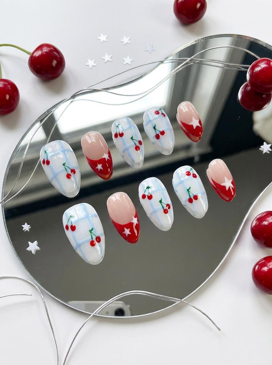 Summer Cherry Checkered French Tip Press On Nails With Star Details