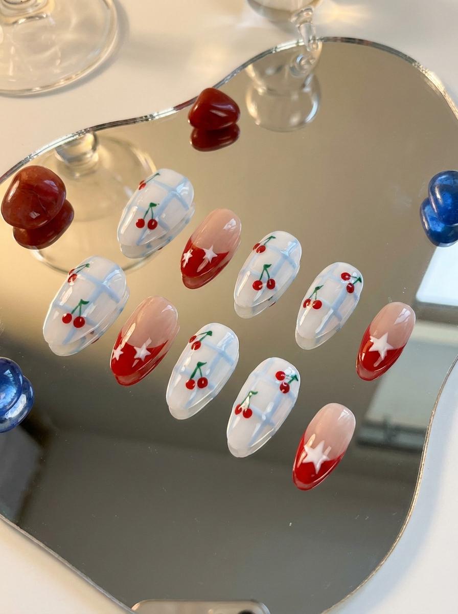 Summer Cherry Checkered French Tip Press On Nails With Star Details