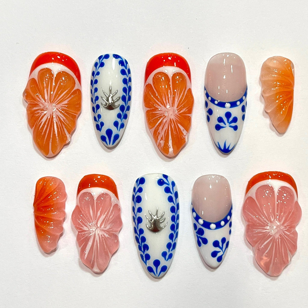 Summer Citrus Slice and Cobalt Blue Floral Press On Nails
