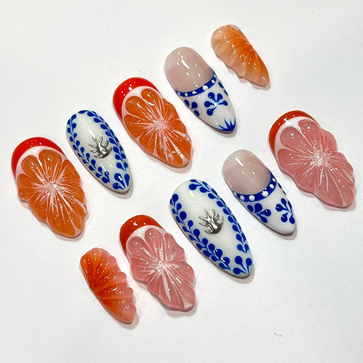 Summer Citrus Slice and Cobalt Blue Floral Press On Nails
