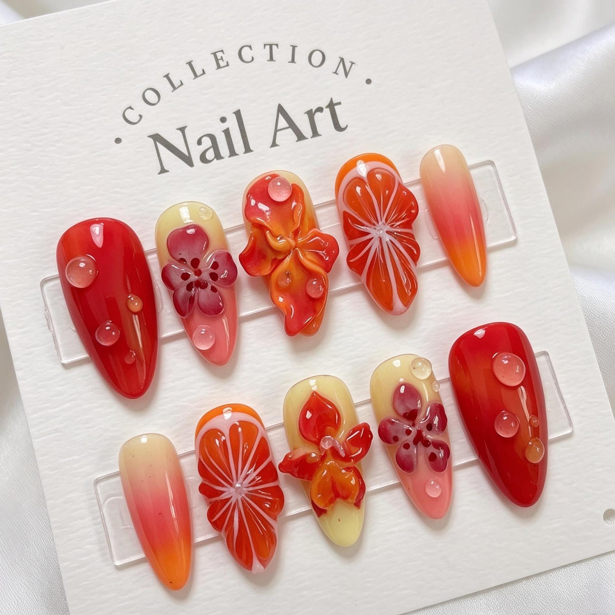 Summer Citrus Slice Press-On Nails With 3D Flowers and Water-Drop Accents