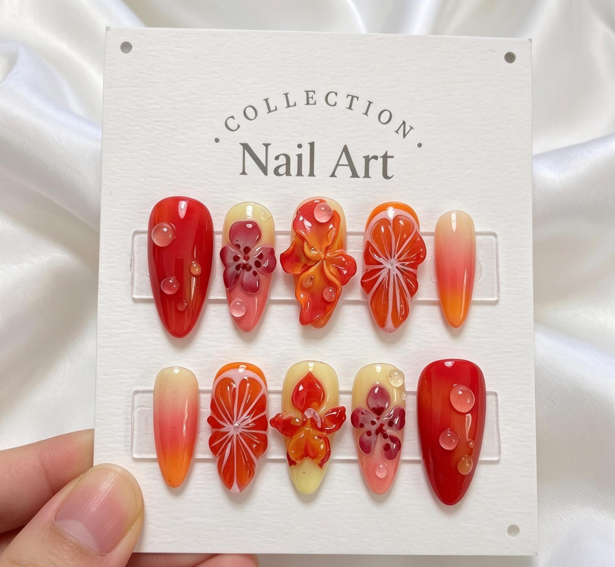 Summer Citrus Slice Press-On Nails With 3D Flowers and Water-Drop Accents