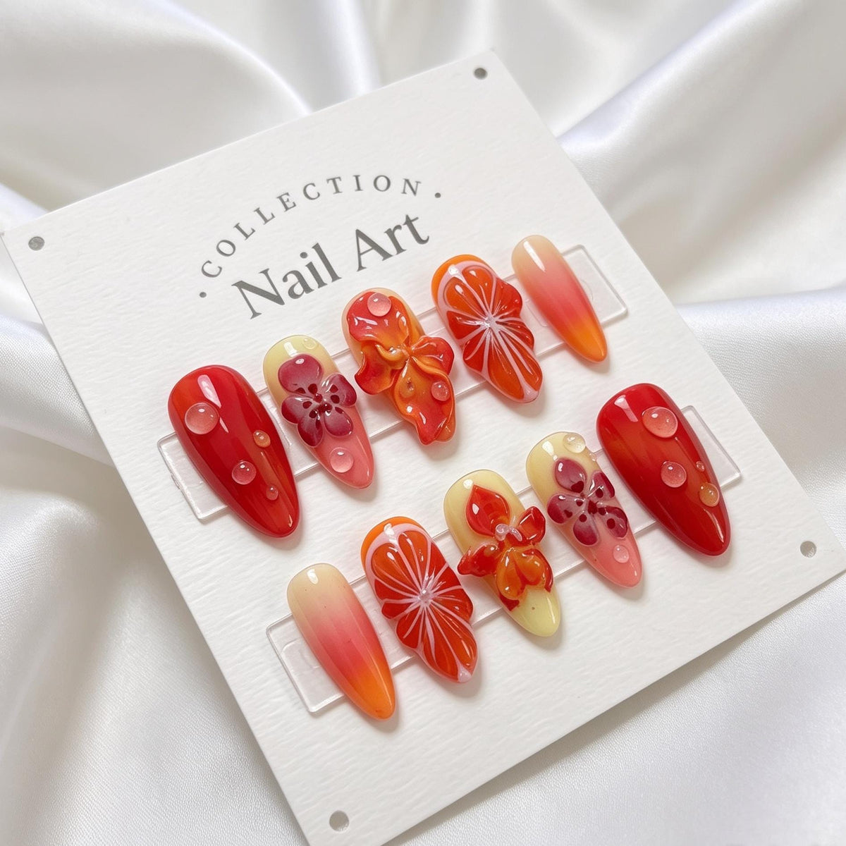 Summer Citrus Slice Press-On Nails With 3D Flowers and Water-Drop Accents