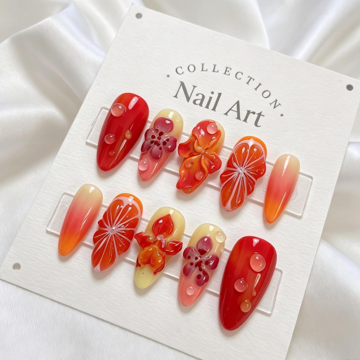 Summer Citrus Slice Press-On Nails With 3D Flowers and Water-Drop Accents