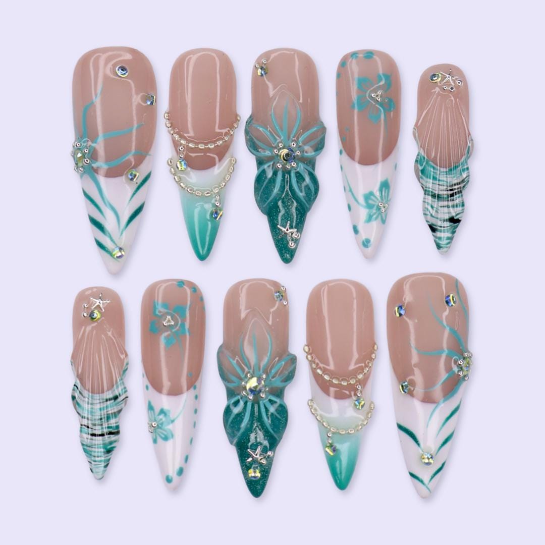 Summer Coastal Teal Floral Press On Nails with Pearl Chains, Rhinestones, and Plaid Tips