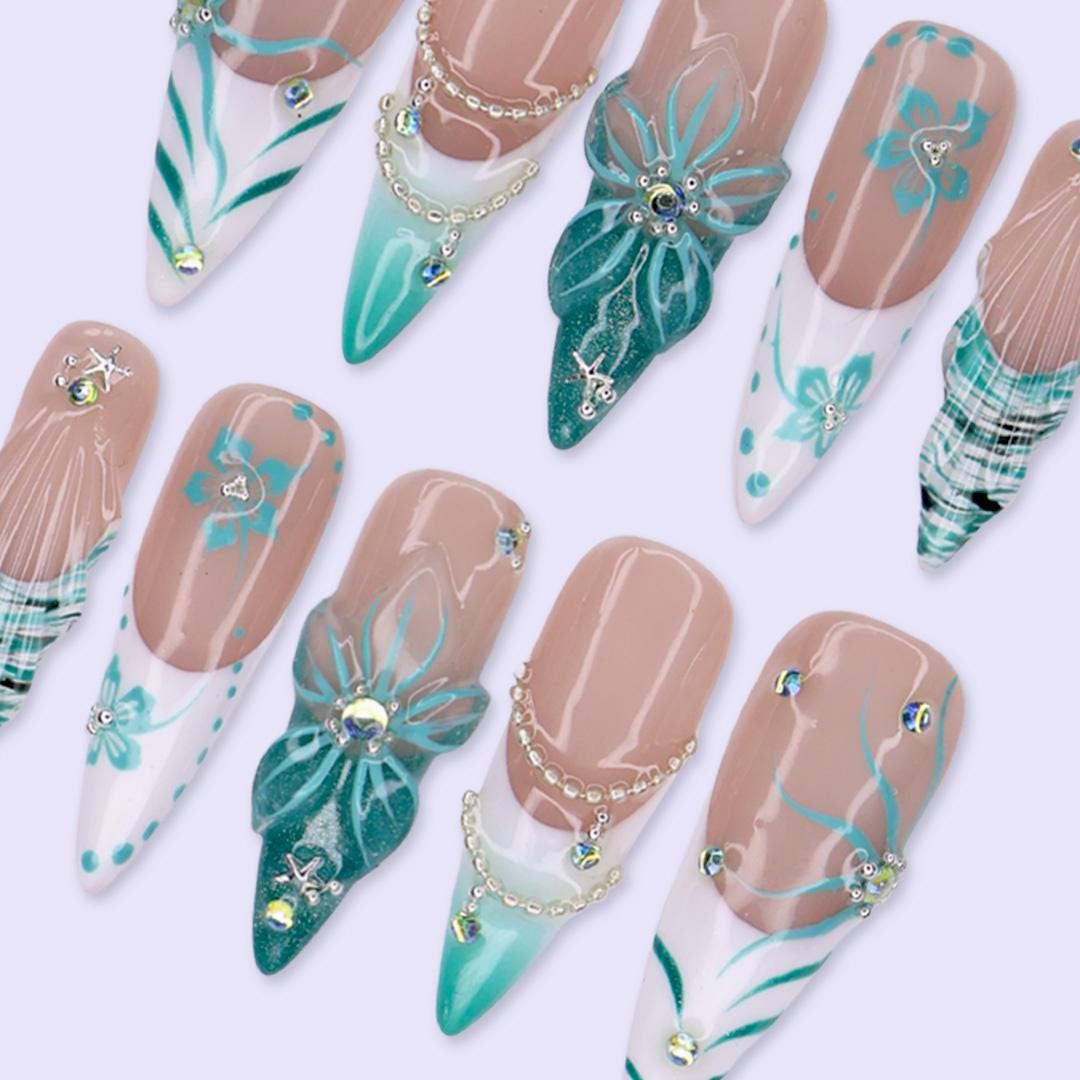 Summer Coastal Teal Floral Press On Nails with Pearl Chains, Rhinestones, and Plaid Tips