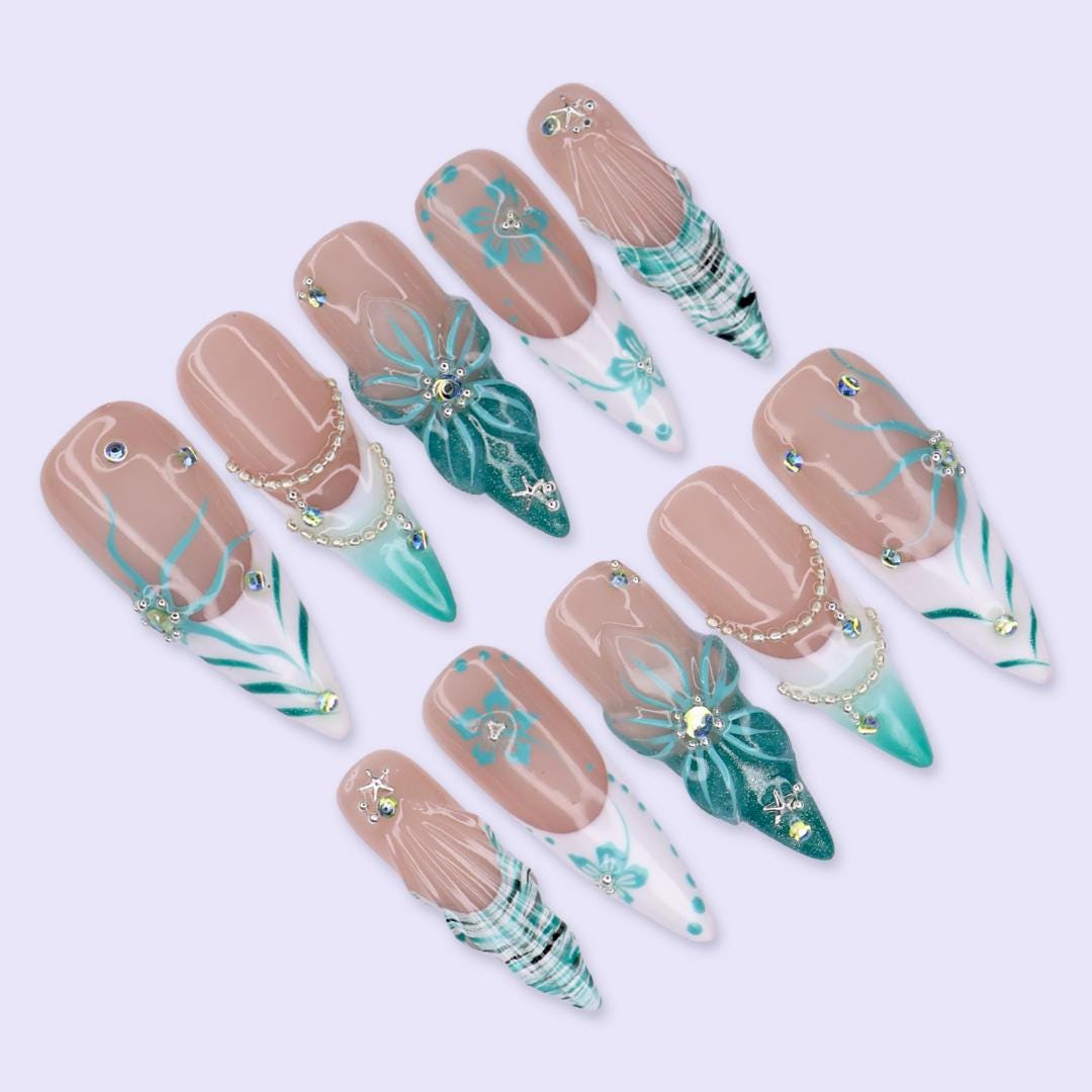 Summer Coastal Teal Floral Press On Nails with Pearl Chains, Rhinestones, and Plaid Tips