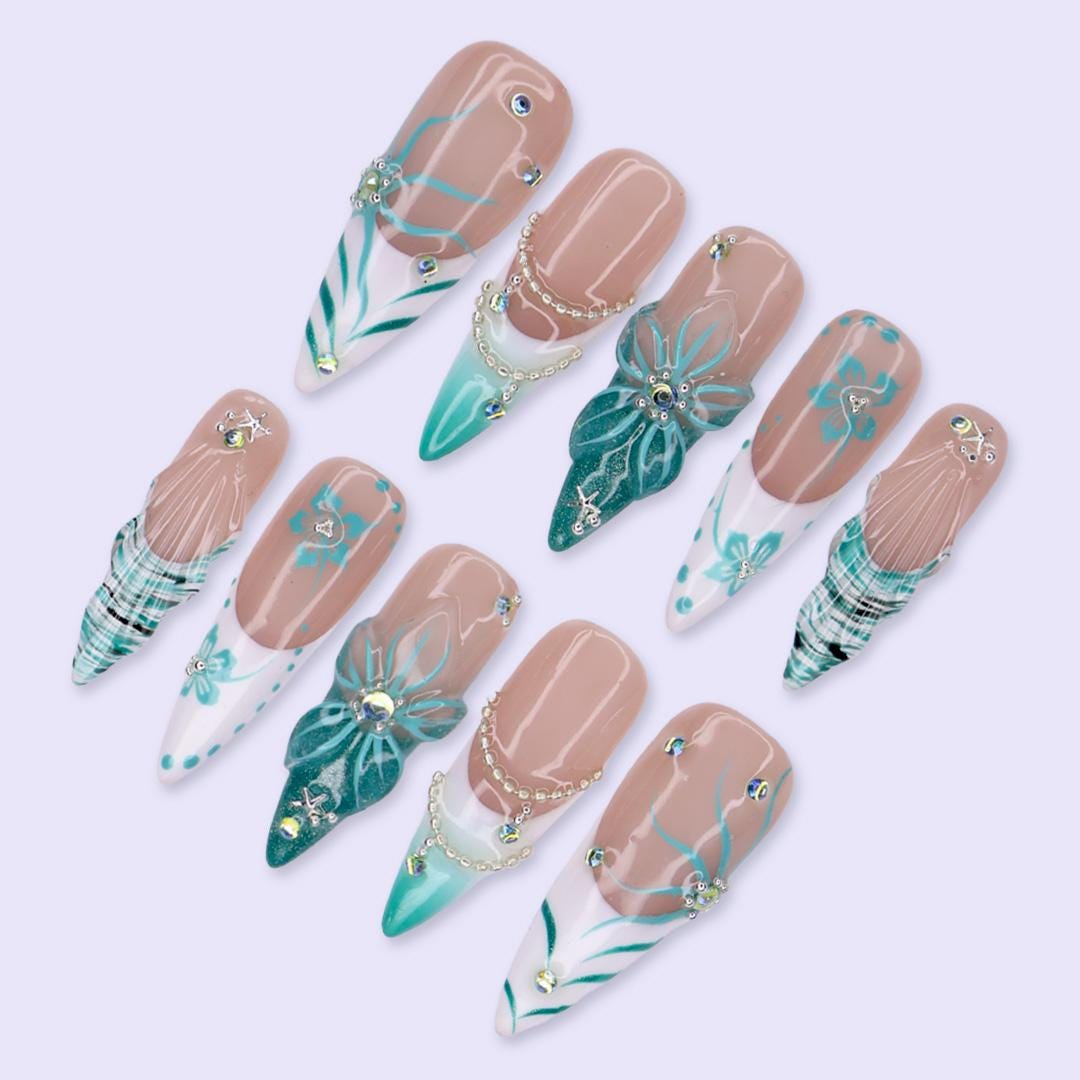 Summer Coastal Teal Floral Press On Nails with Pearl Chains, Rhinestones, and Plaid Tips