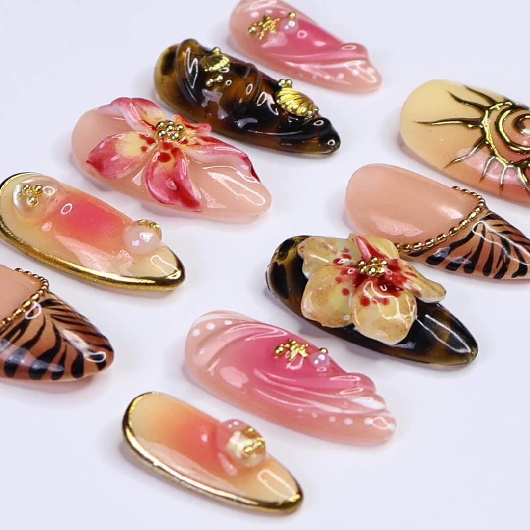 Summer Floral Press On Nails with Raised Flowers, Gold Details, and Sun Art