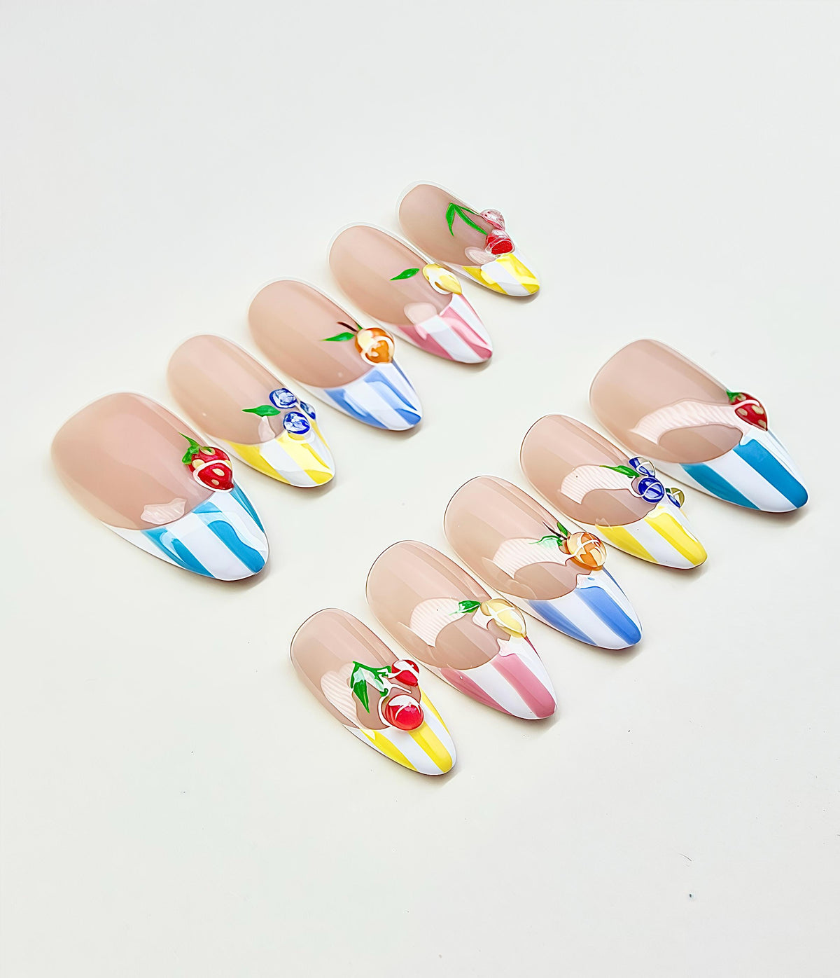 Summer Fruit French Tip Press On Nails With Bright Stripes