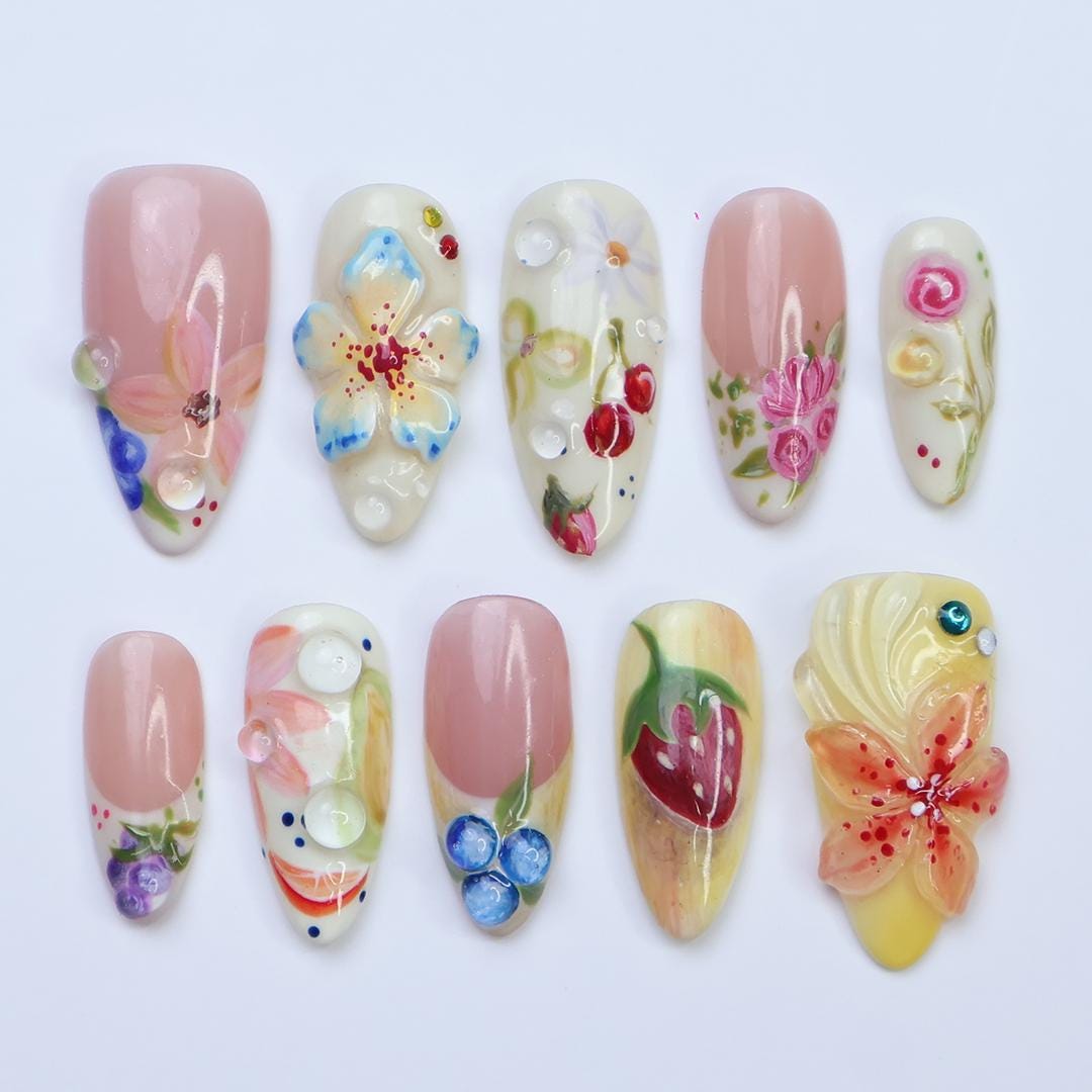 Summer Garden Floral Press-On Nail Set With Fruit-Inspired Details