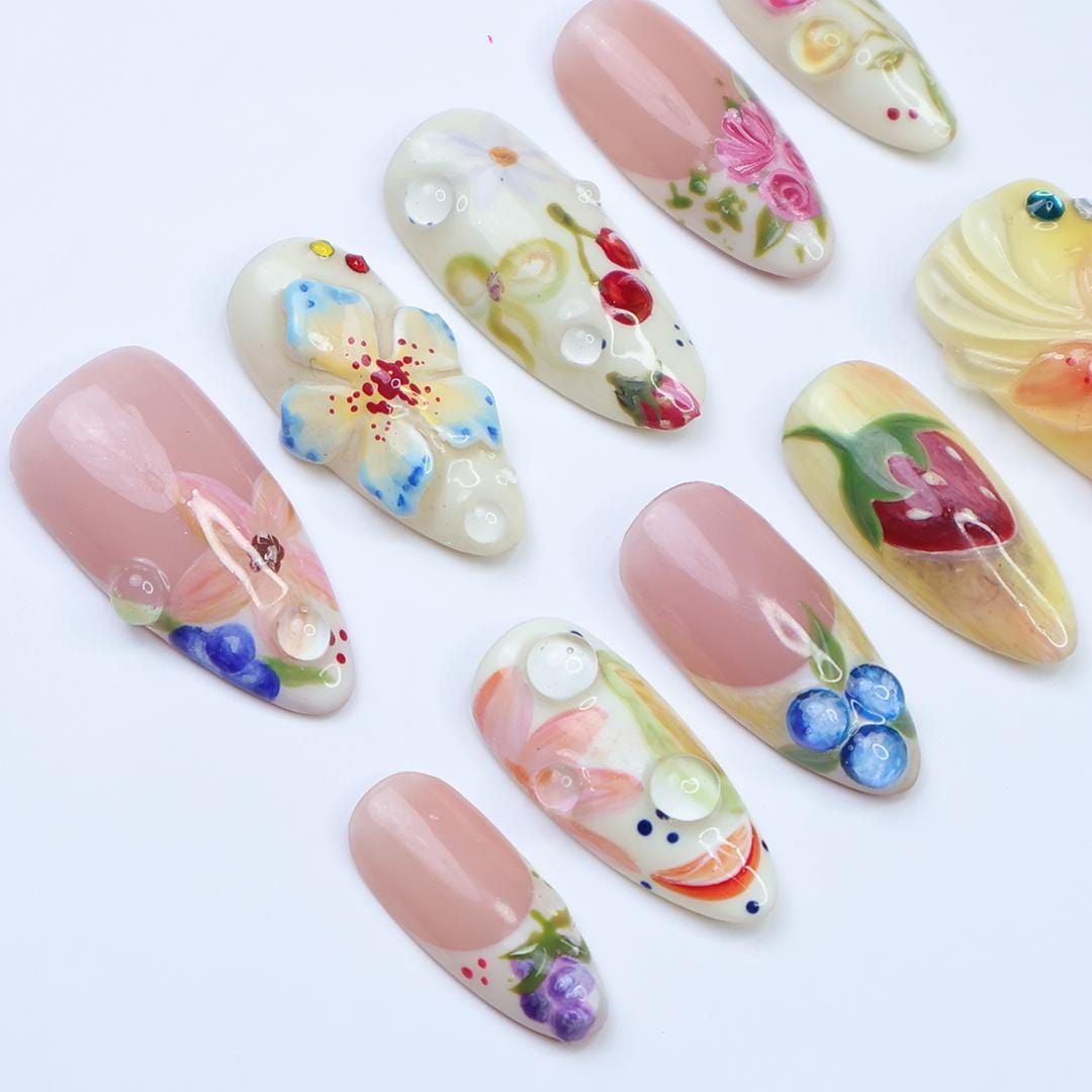 Summer Garden Floral Press-On Nail Set With Fruit-Inspired Details