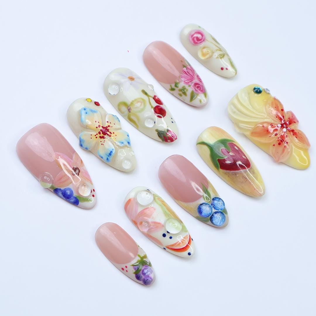 Summer Garden Floral Press-On Nail Set With Fruit-Inspired Details
