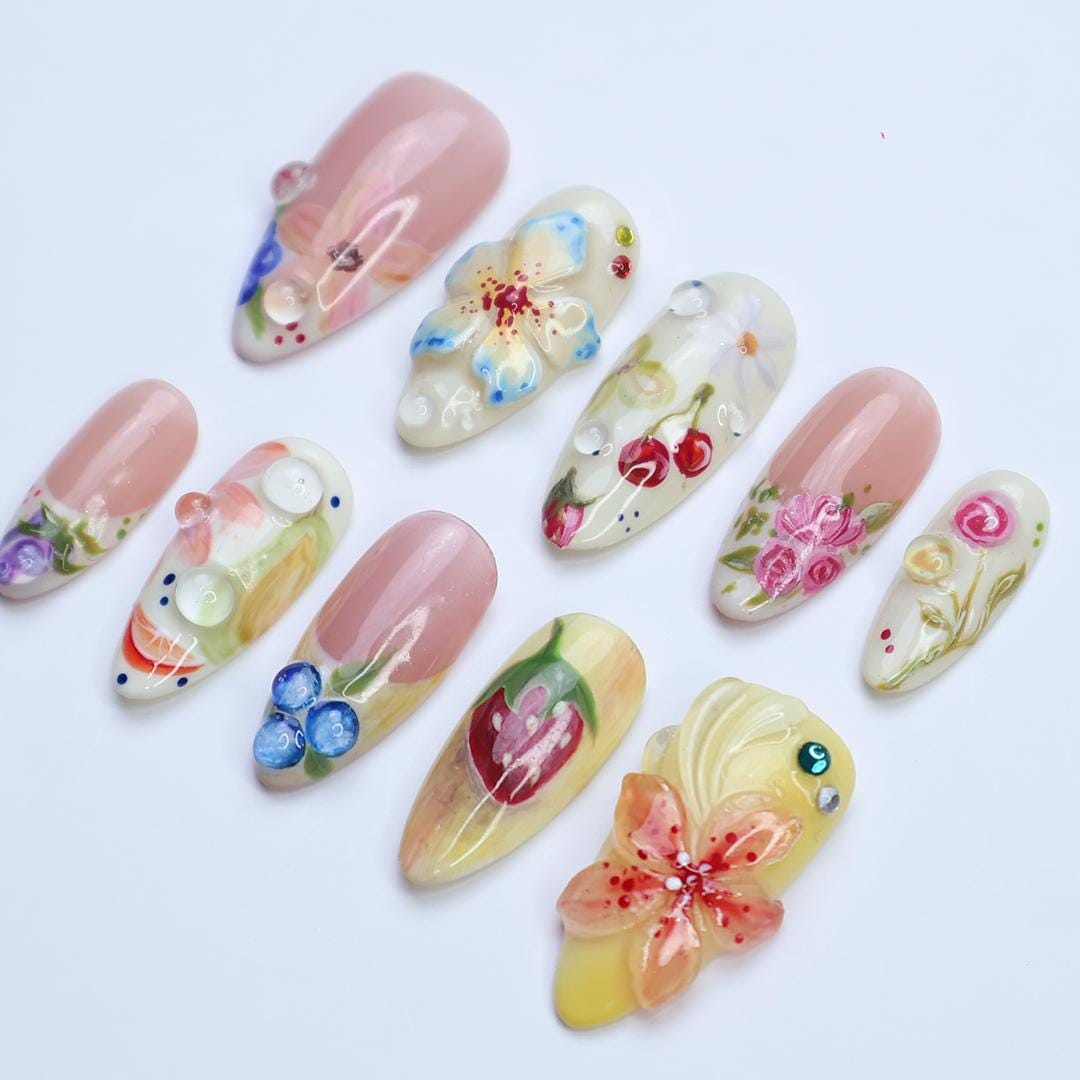 Summer Garden Floral Press-On Nail Set With Fruit-Inspired Details