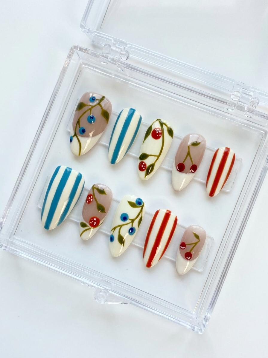 Summer Garden Fruit Press On Nails with Blue Berries, Cherries and Stripes