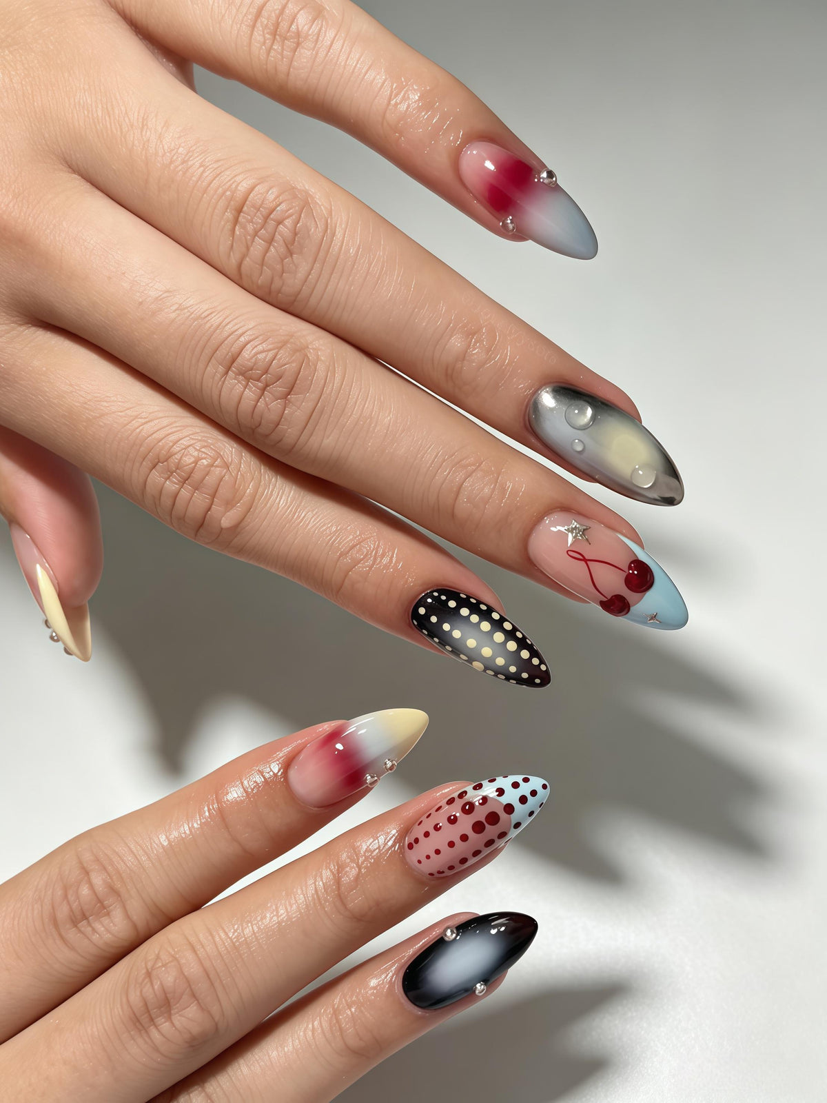 Summer Gradient Cherry, Star and Polka Dot Press On Nails