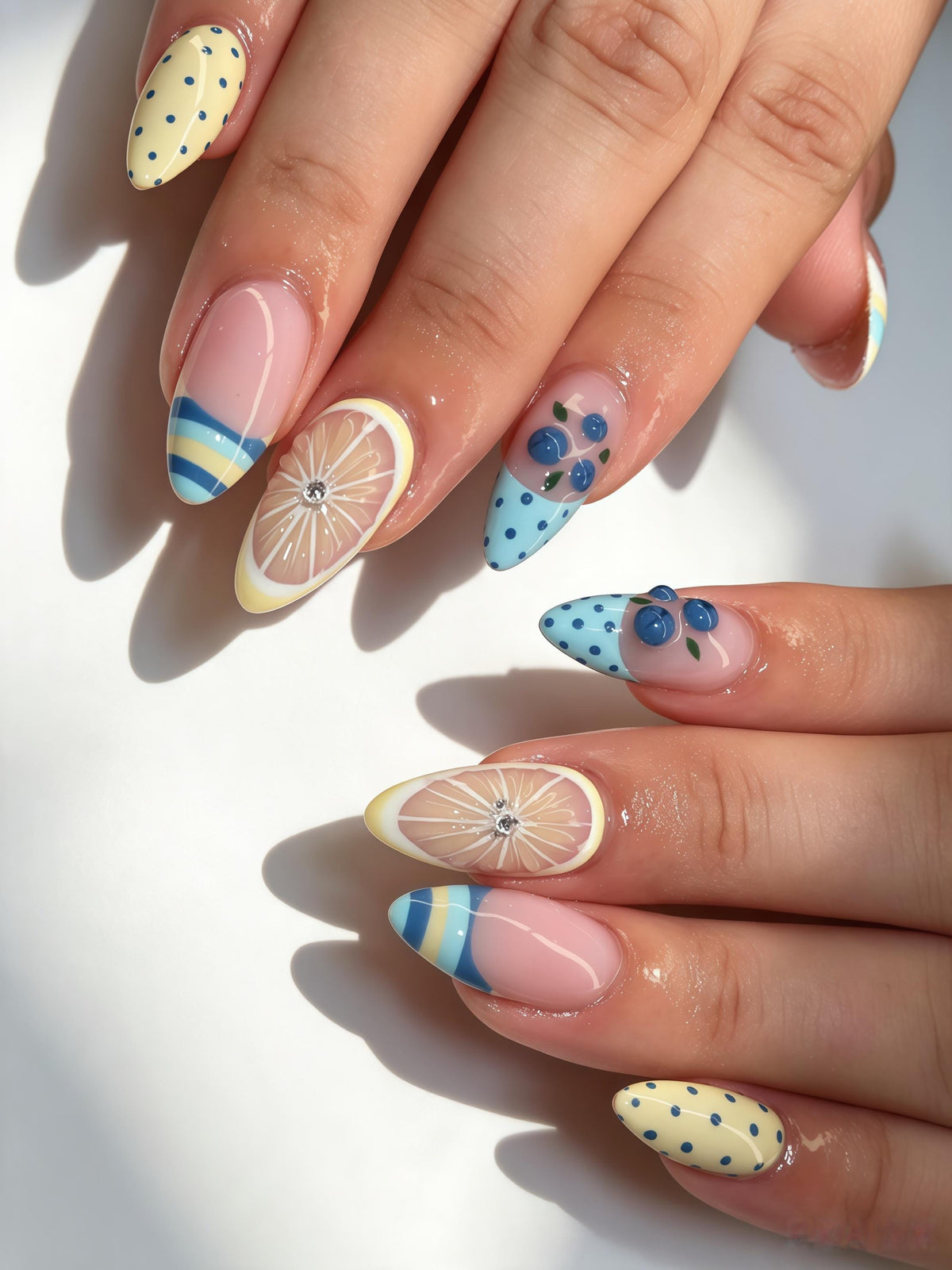 Summer Lemon And Blueberry Fruit Nail Set With Striped French Tips