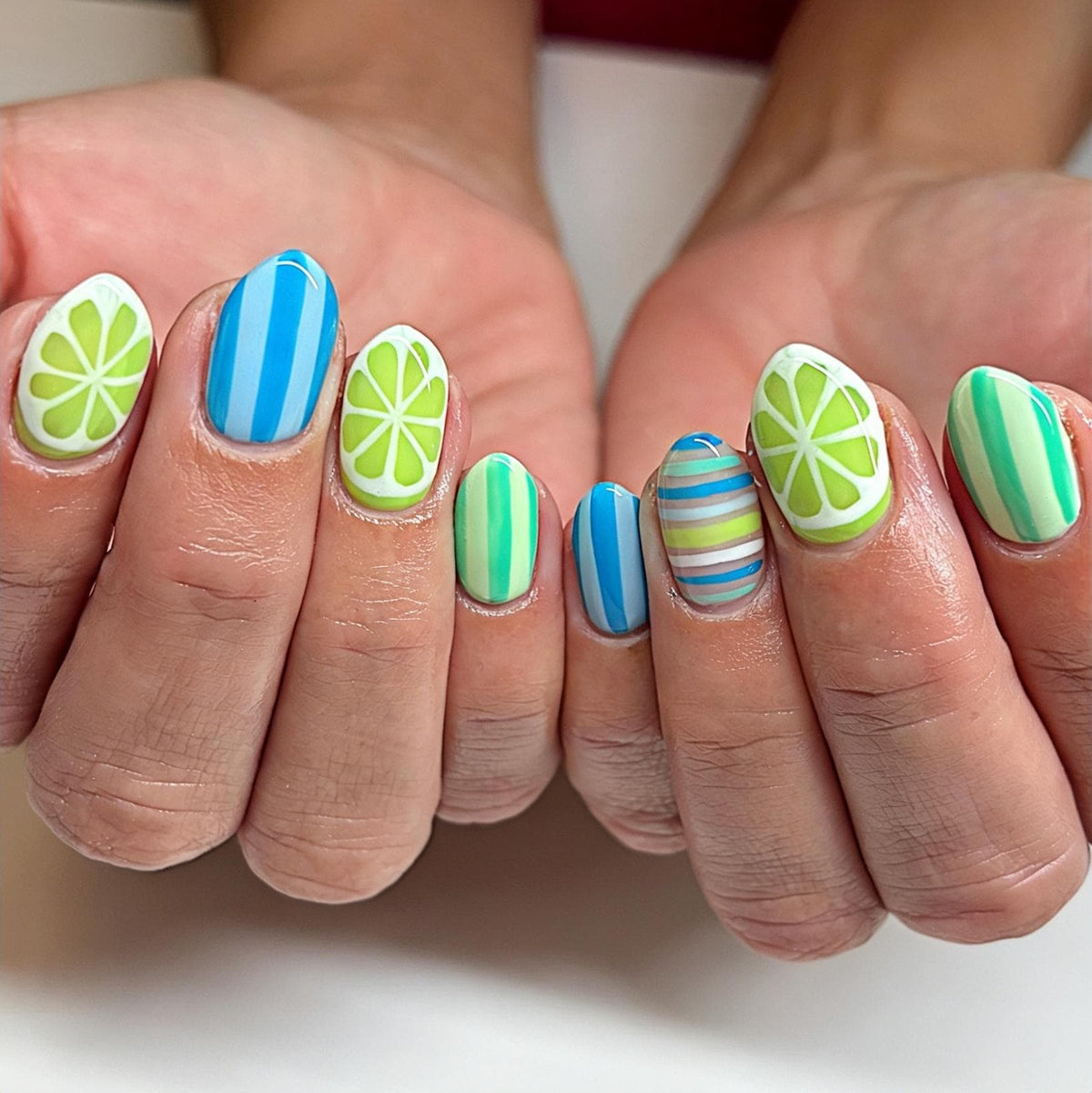 Summer Lime Citrus Slice and Blue Stripe Nail Set