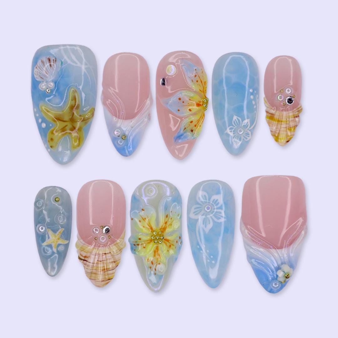 Summer Ocean Blue and Blush Pink Starfish, Shell & Floral Press On Nails