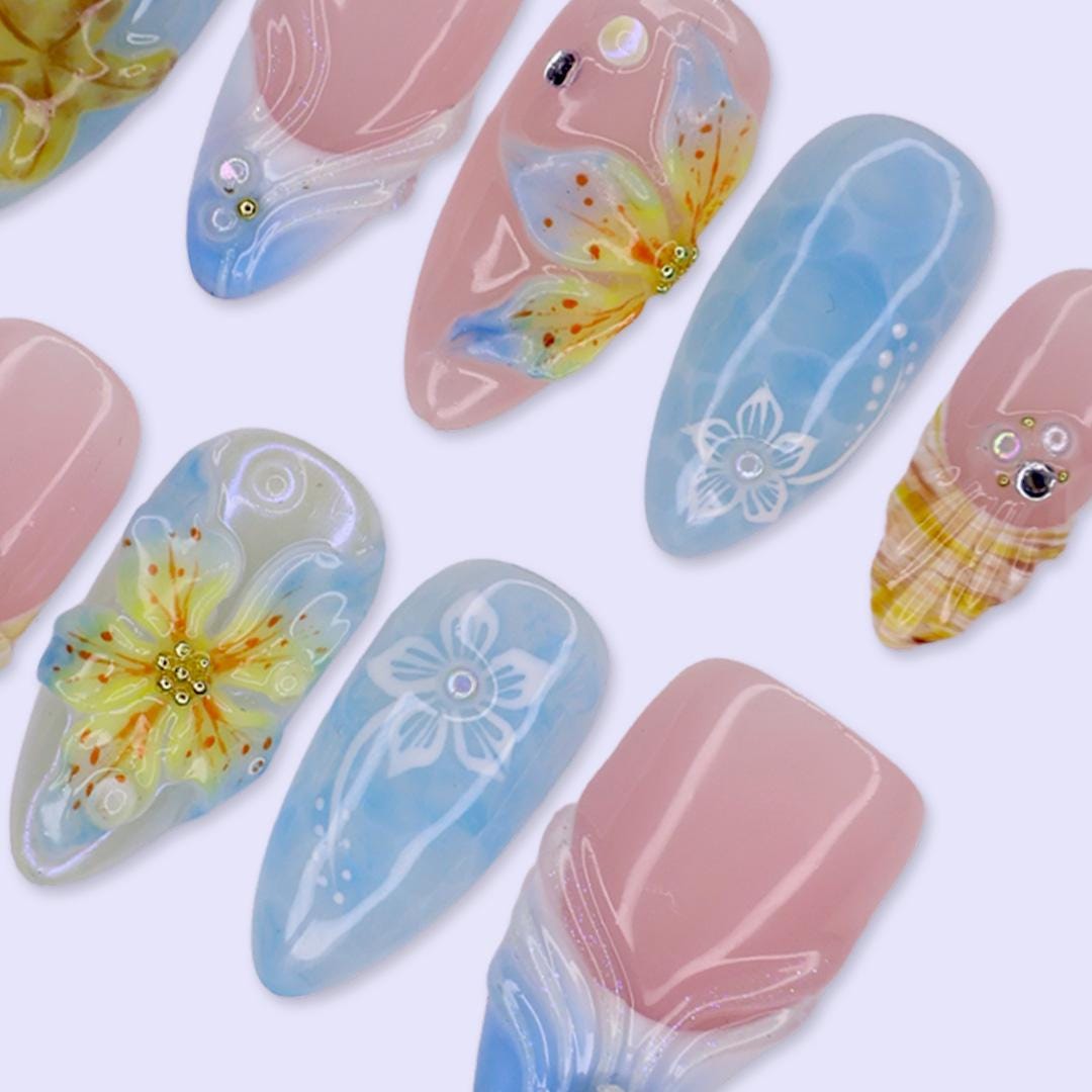 Summer Ocean Blue and Blush Pink Starfish, Shell & Floral Press On Nails