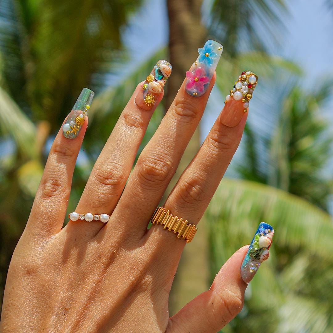Summer Ocean Garden Press On Nails with Seashells, Starfish, 3D Flowers and Gold Charms