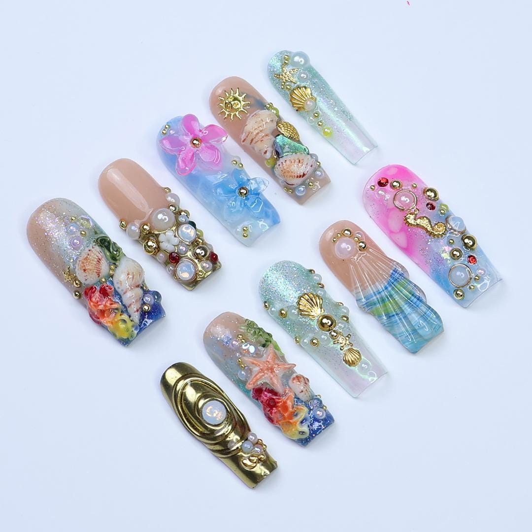 Summer Ocean Garden Press On Nails with Seashells, Starfish, 3D Flowers and Gold Charms