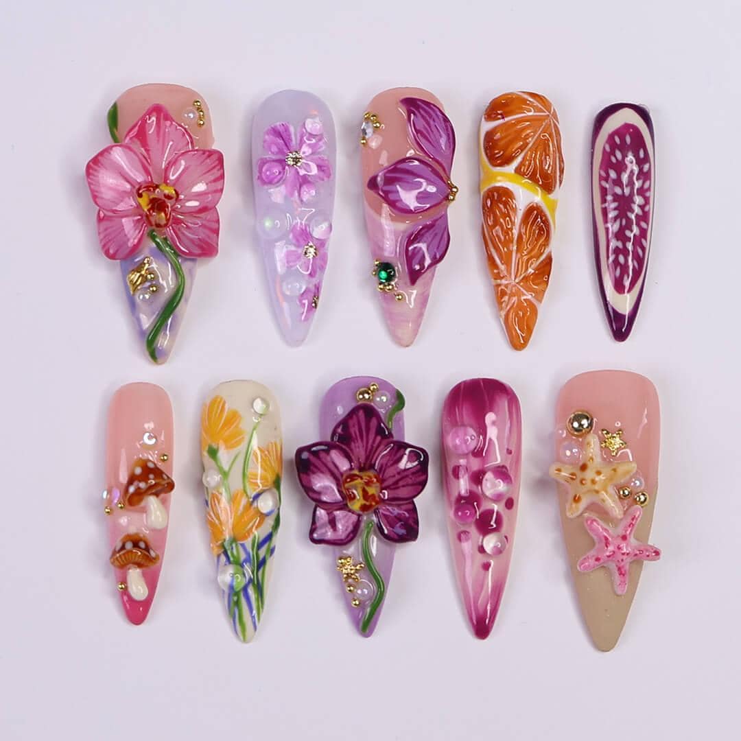 Summer Orchid, Fruit and Starfish Nail Set with 3D Florals
