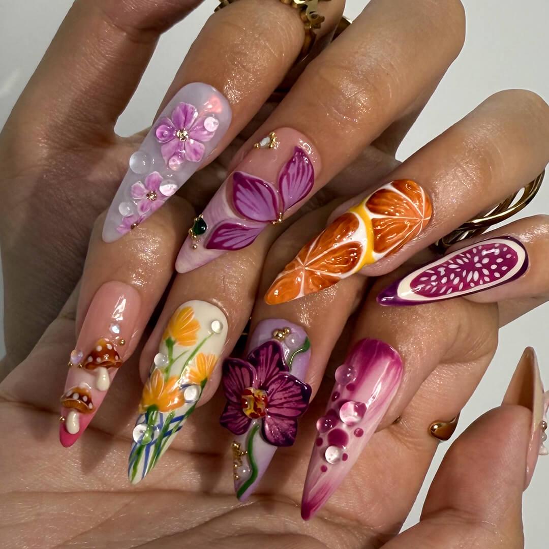 Summer Orchid, Fruit and Starfish Nail Set with 3D Florals