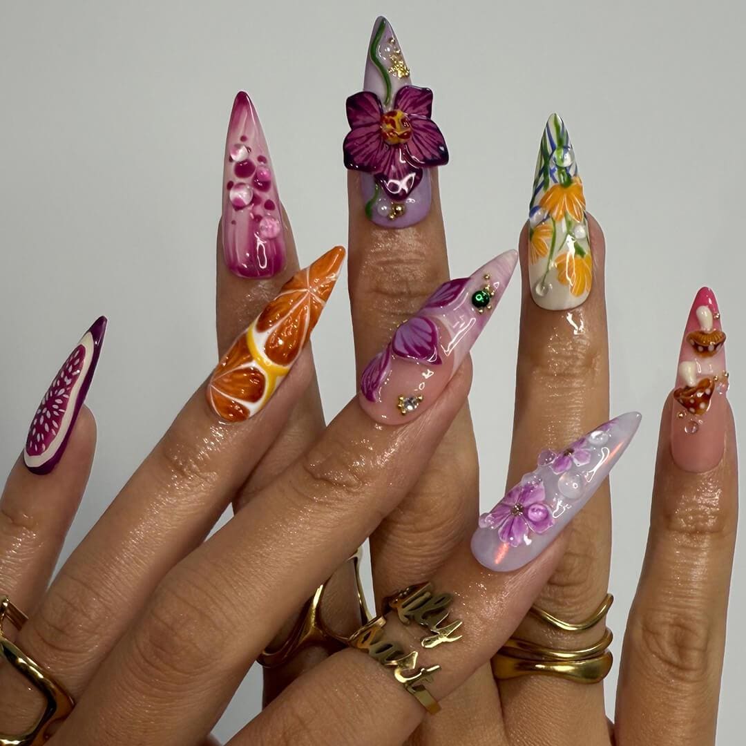Summer Orchid, Fruit and Starfish Nail Set with 3D Florals