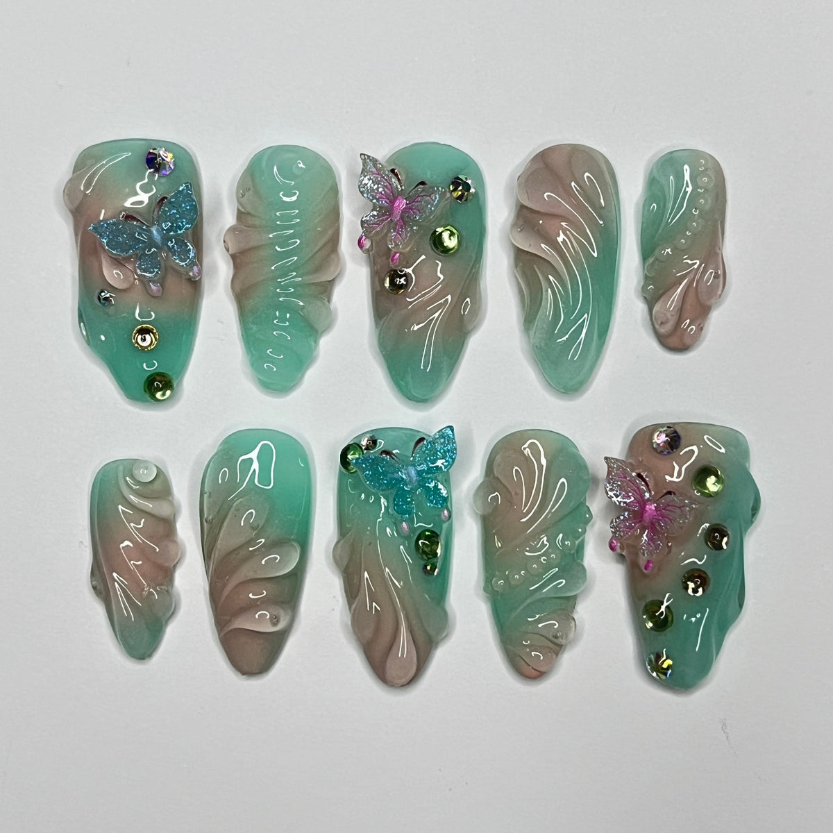 Summer Seafoam and Teal Aura Butterfly Press-On Nail Set