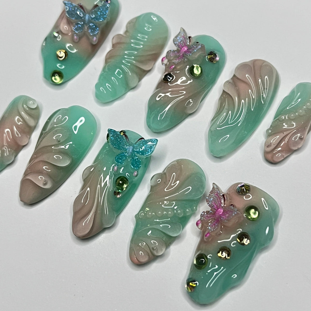 Summer Seafoam and Teal Aura Butterfly Press-On Nail Set