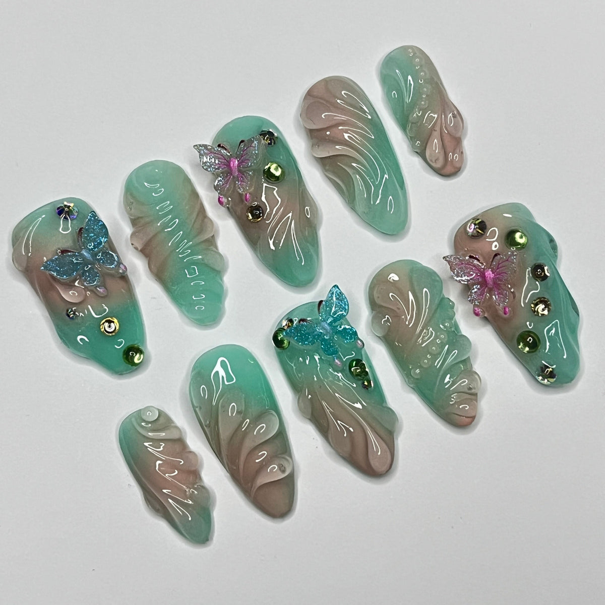 Summer Seafoam and Teal Aura Butterfly Press-On Nail Set