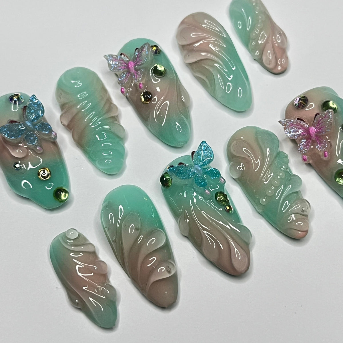 Summer Seafoam and Teal Aura Butterfly Press-On Nail Set