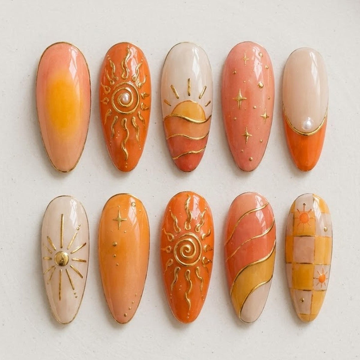 Summer Sunset Sunburst Press On Nails With Gold Stars and Checkerboard Art