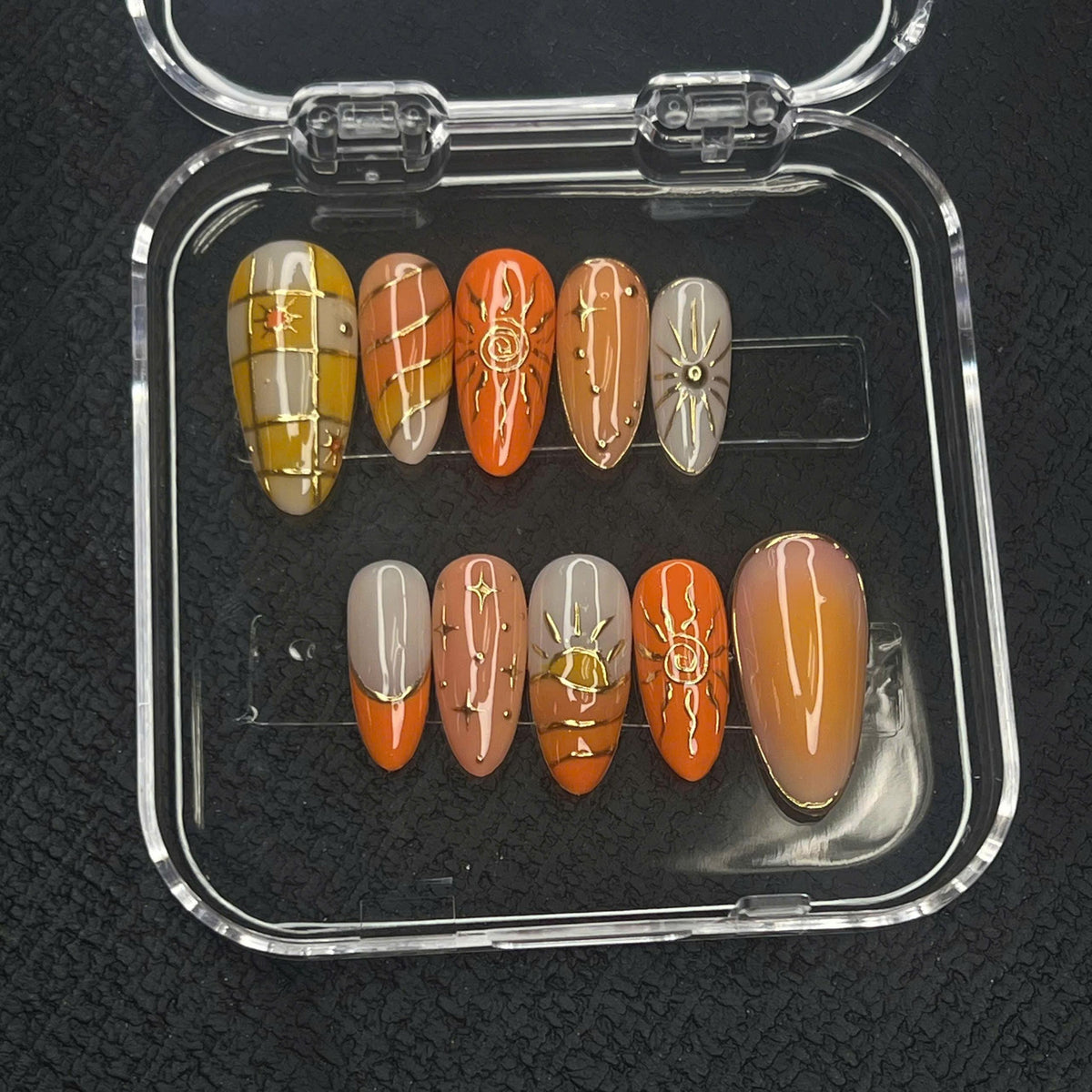 Summer Sunset Sunburst Press On Nails With Gold Stars and Checkerboard Art