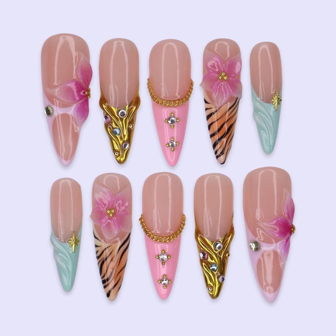 Summer Tropical Flower Nails With Zebra Stripes, Aqua Waves and Gold Details