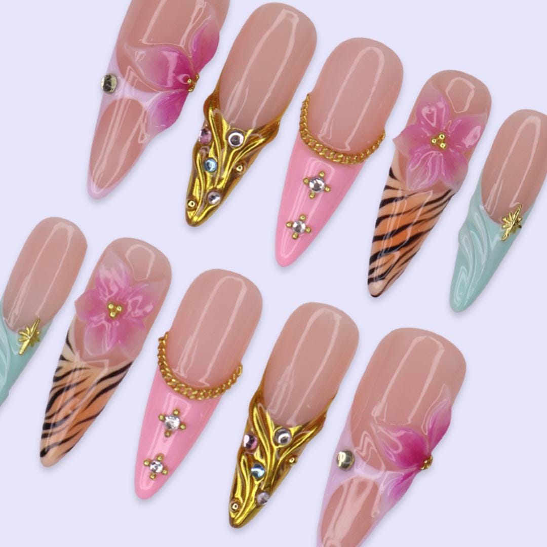 Summer Tropical Flower Nails With Zebra Stripes, Aqua Waves and Gold Details