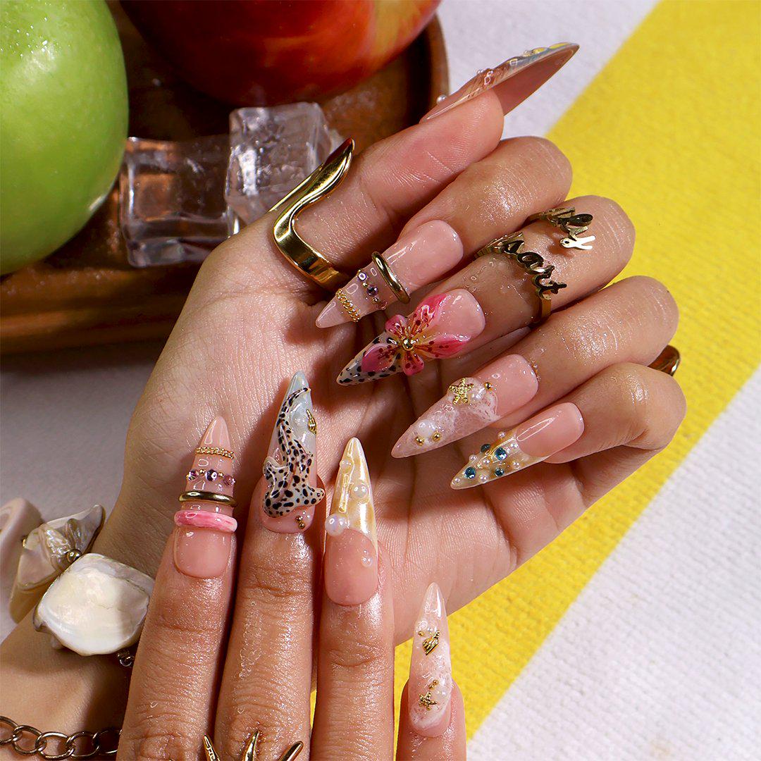 Summer Tropical Leopard Print Press-On Nails With Pink Flowers, Starfish and Gold Details