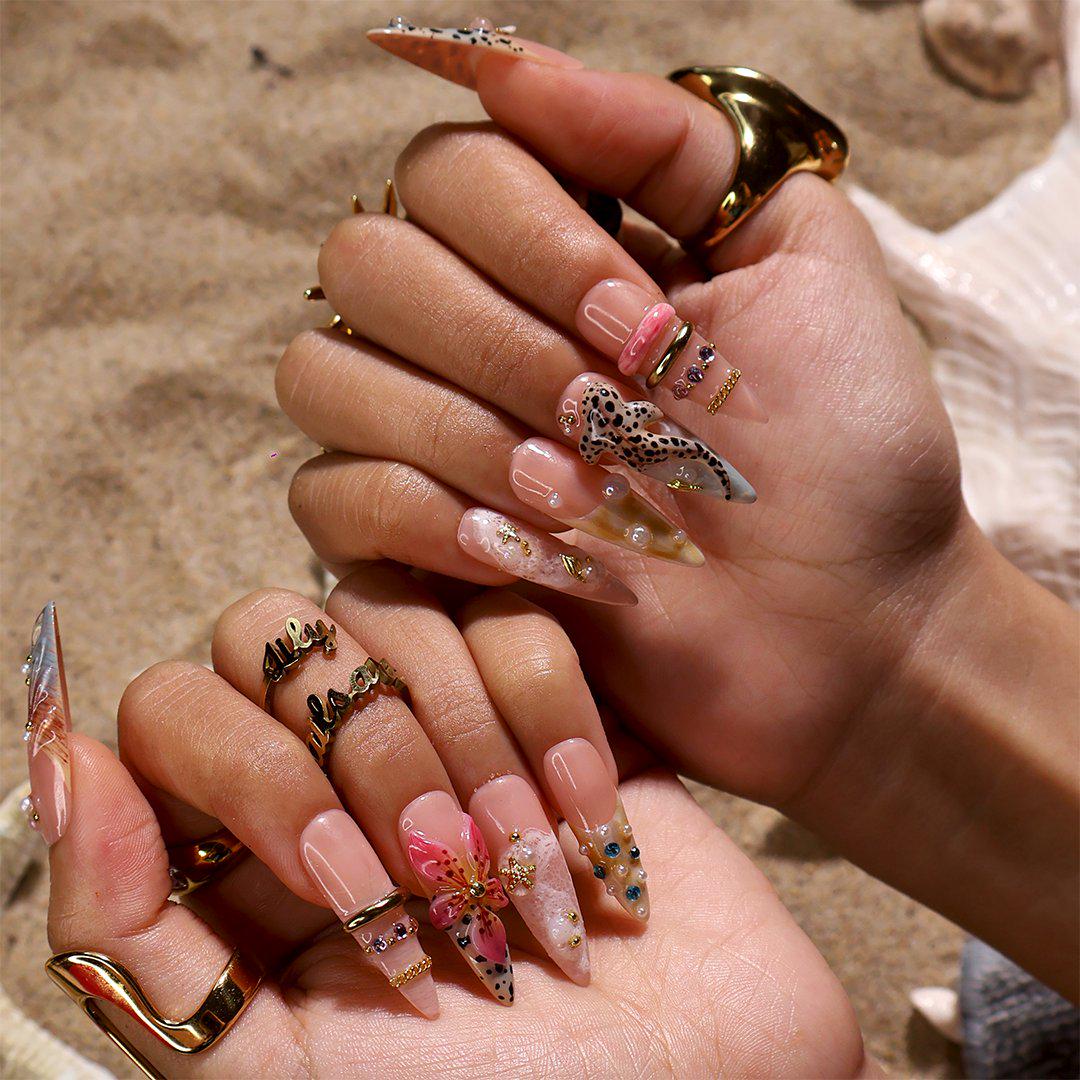 Summer Tropical Leopard Print Press-On Nails With Pink Flowers, Starfish and Gold Details