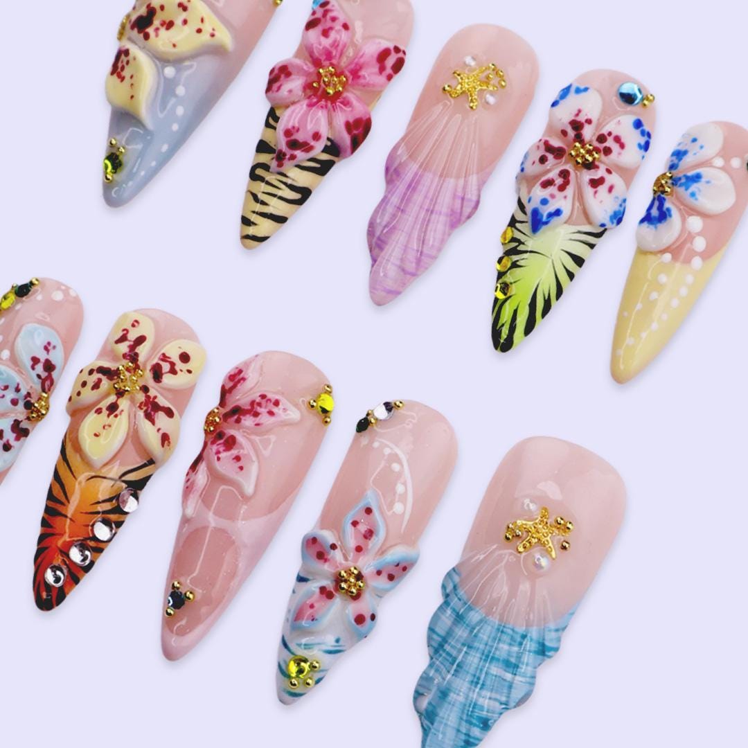 Summer Tropical Pink Press On Nails With 3D Flowers, Shell-Like Tips And Rhinestones