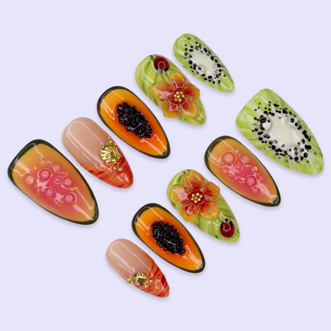 Summer Vacation Tropical Fruit and Flower Nail Set With Kiwi, Papaya, Shell Charms, and Ladybugs