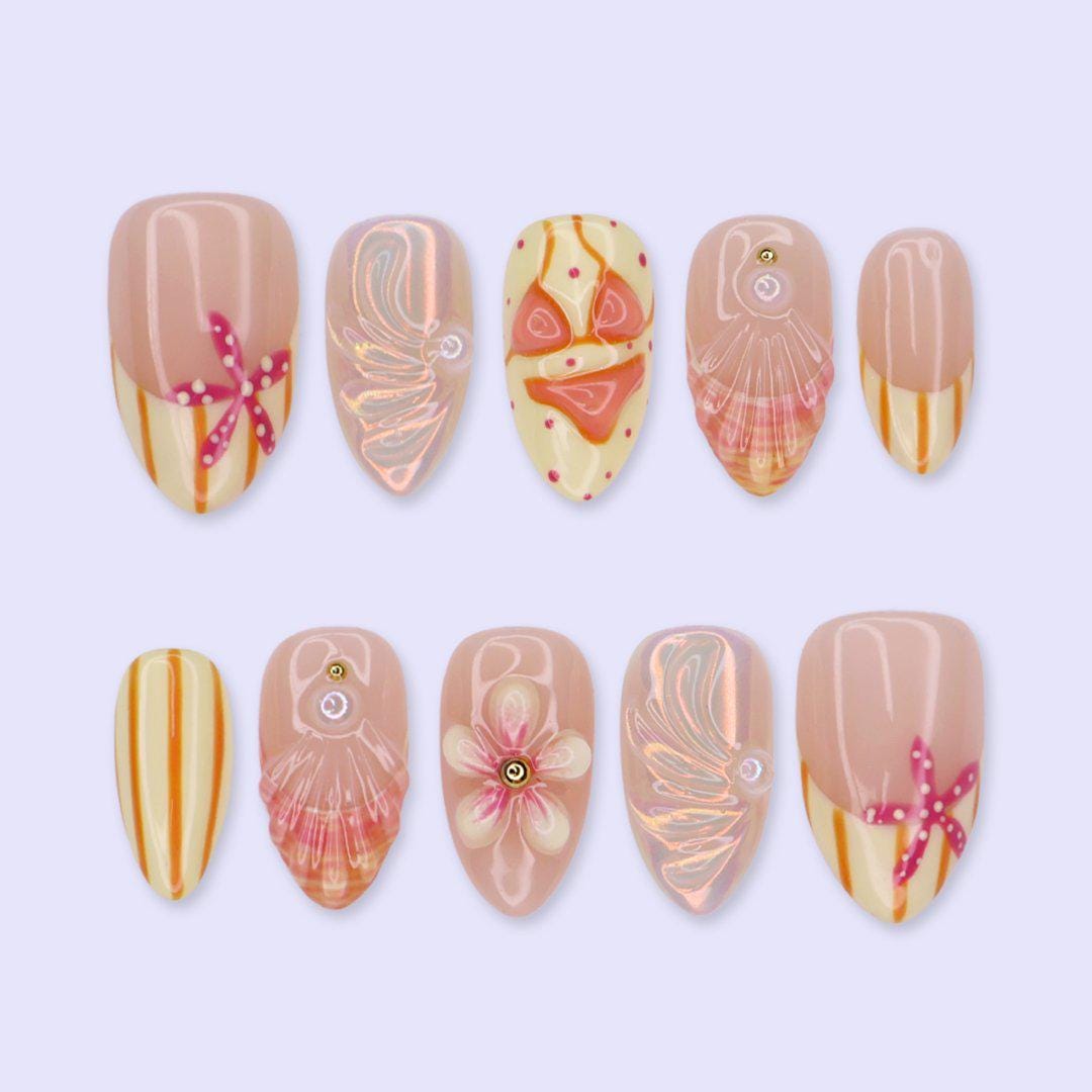 Sunset Coastal Press On Nails With Starfish, Shell Details and Floral Accents