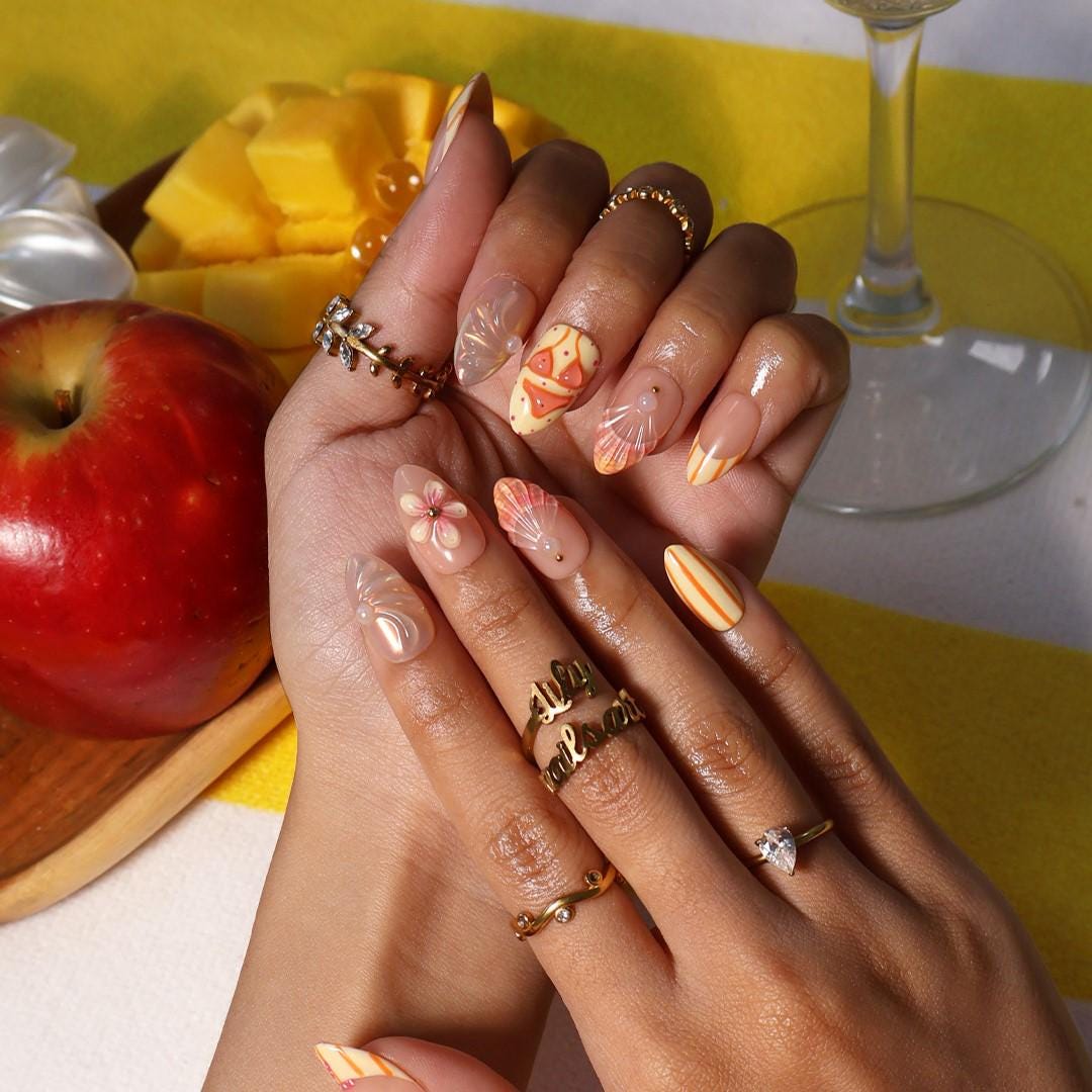 Sunset Coastal Press On Nails With Starfish, Shell Details and Floral Accents
