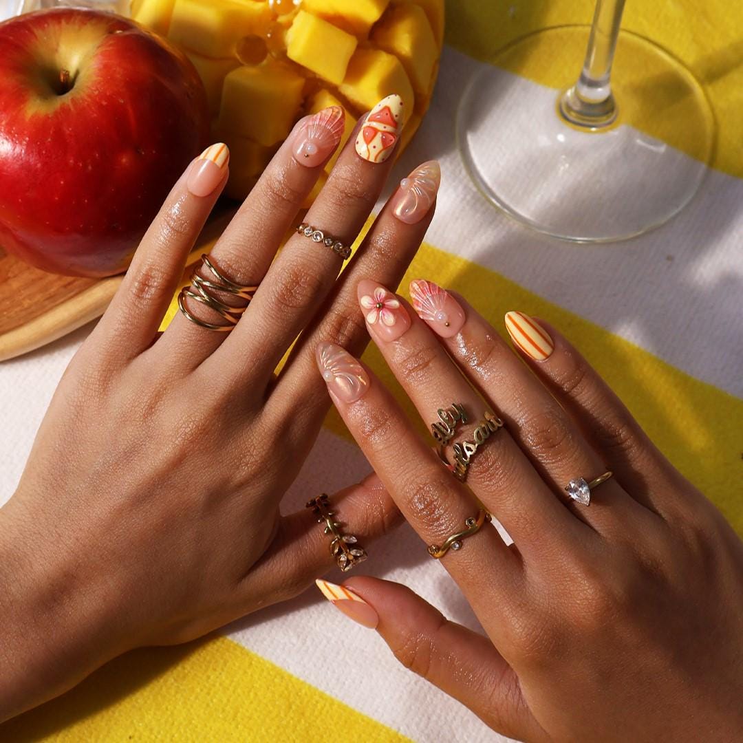 Sunset Coastal Press On Nails With Starfish, Shell Details and Floral Accents