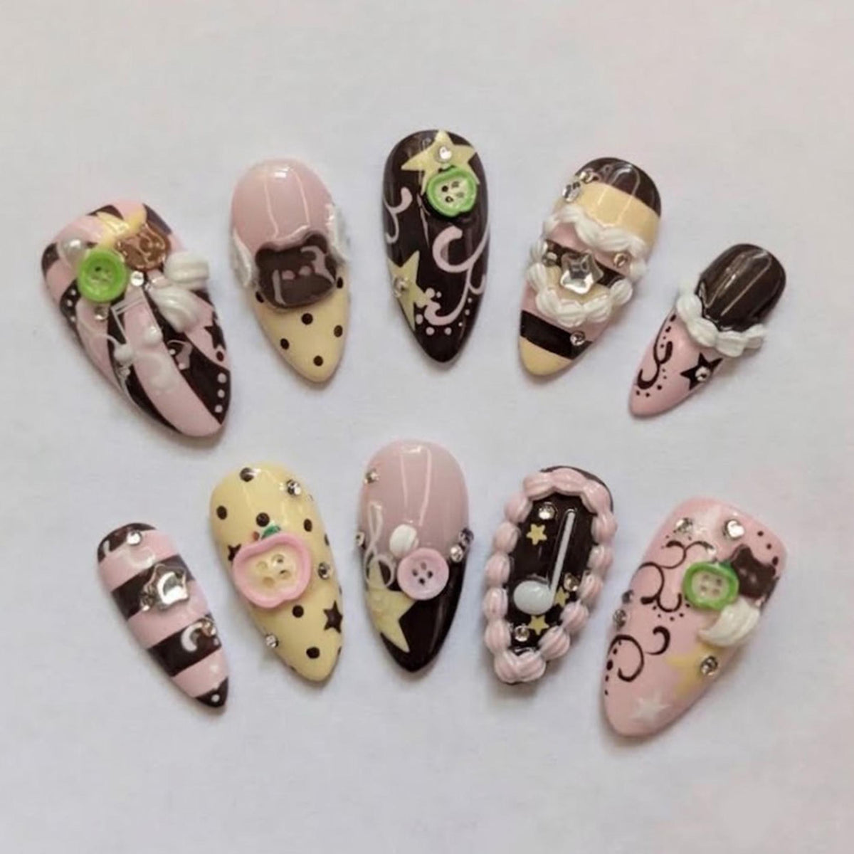 Sweet Lolita Bear and Button Press-On Nails in Pink, Cream, and Chocolate Brown