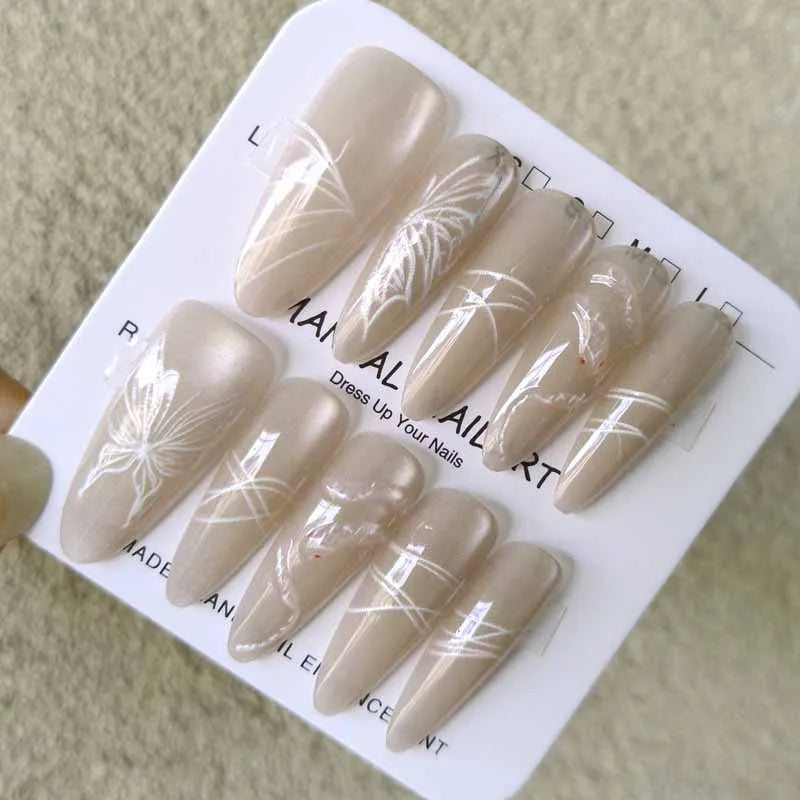 Taupe French Tip Butterfly Line Art Press-On Nail Set