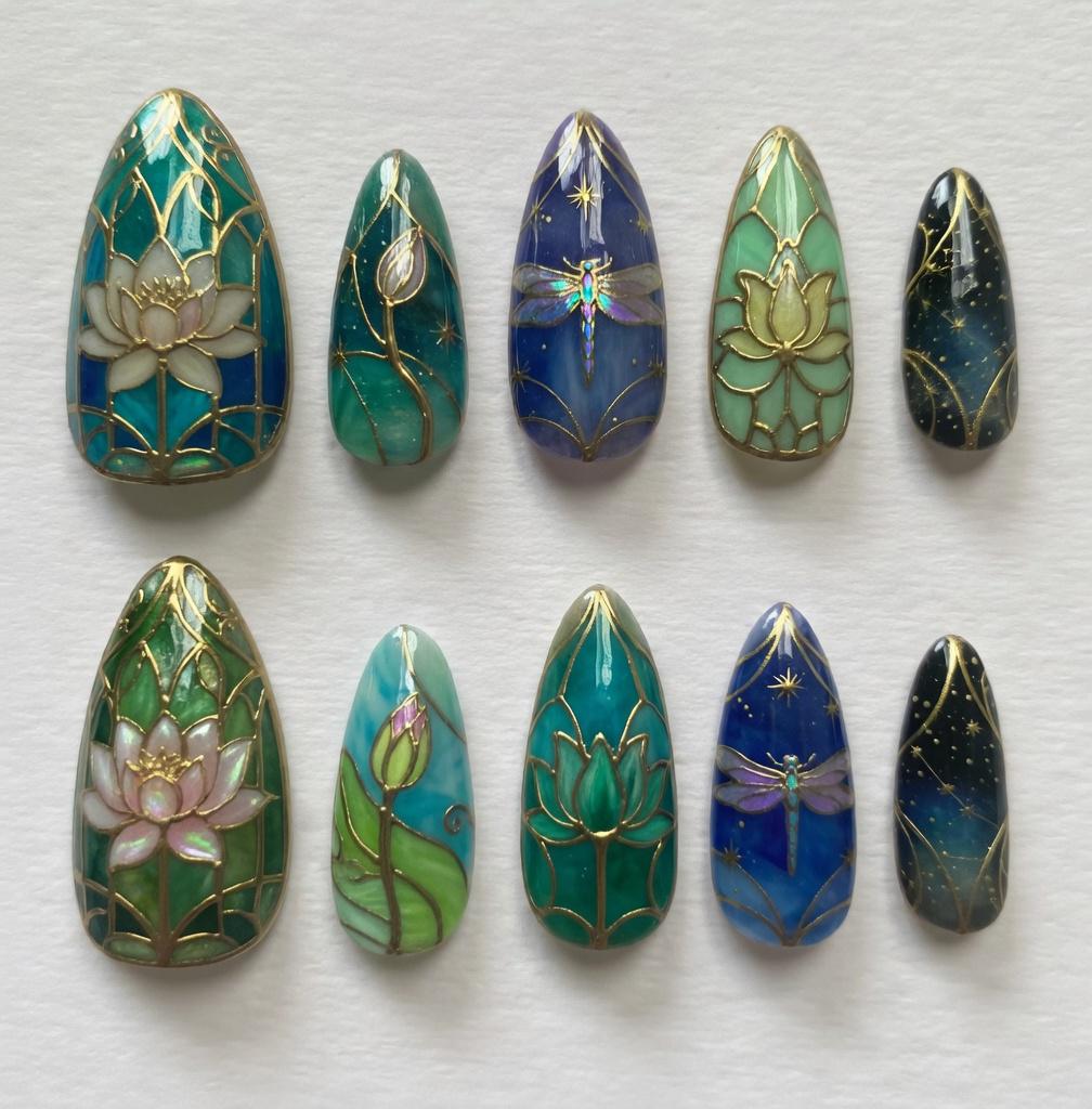 Teal and Blue Stained-Glass Lotus and Dragonfly Nail Set With Gold Line Art