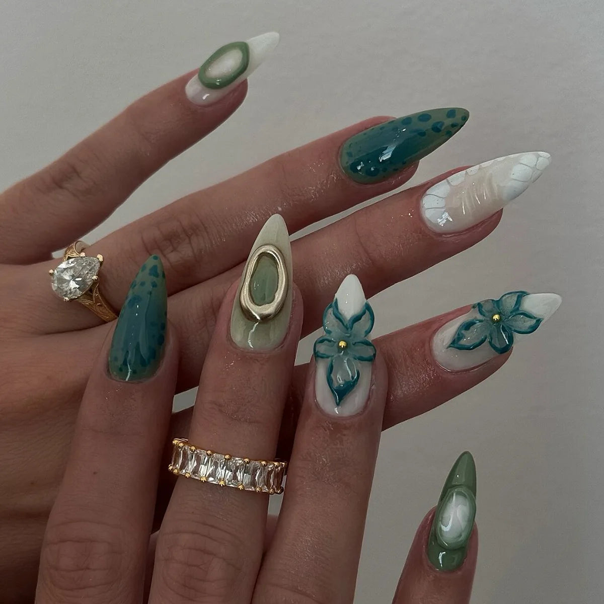 Teal and Sage Green 3D Flower Nail Set with Ivory Linework