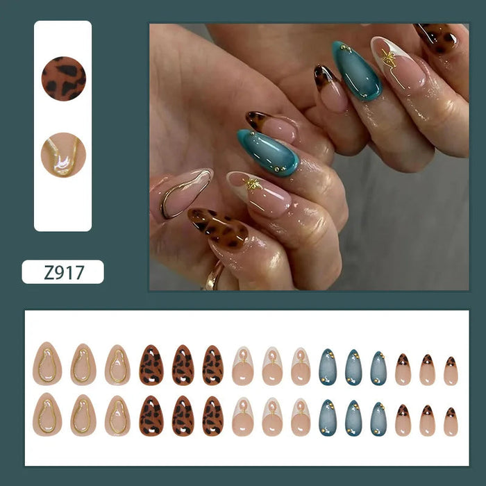 Teal and Tortoiseshell Press On Nails with Nude Blush and Gold Accents