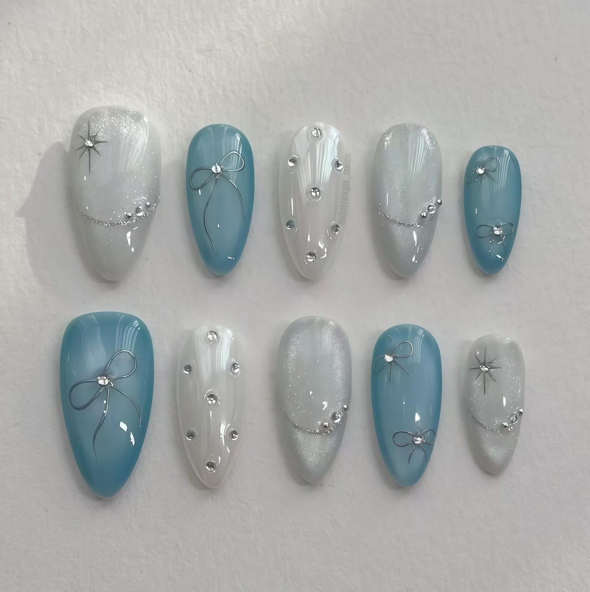 Teal Blue and Pearly Silver Bow and Rhinestone Nail Set